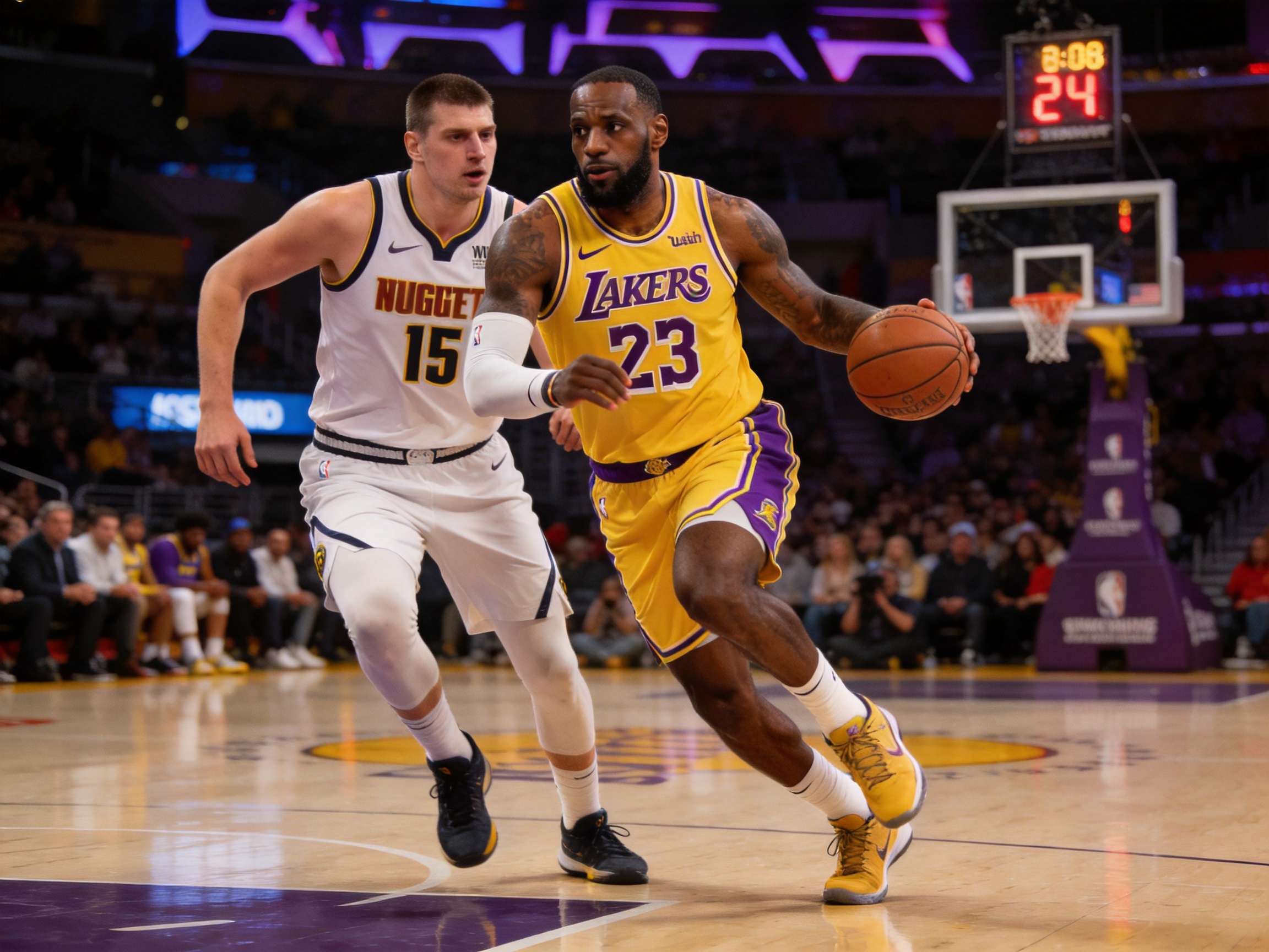 洛杉矶湖人队与丹佛掘金队NBA比赛现场篮球场